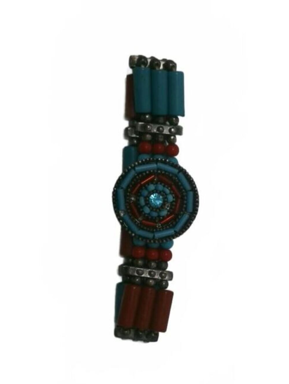 Vintage Native American Seed Bead Bracelet, Turquoise Coral Dreamcatcher Cuff